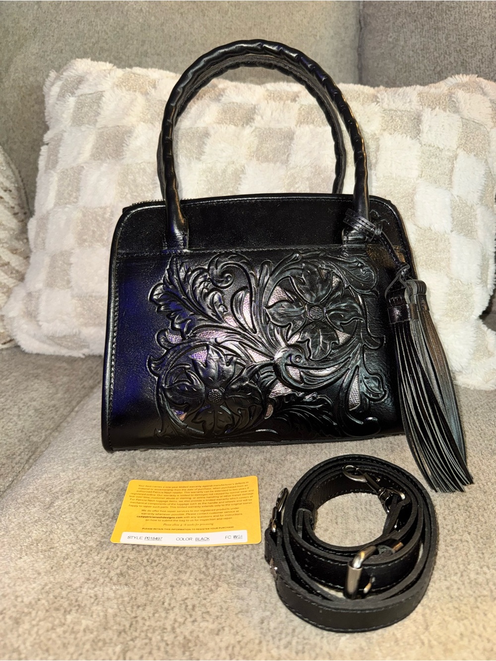 Patricia Nash Black Tooled Floral Leather Satchel with Tassel
